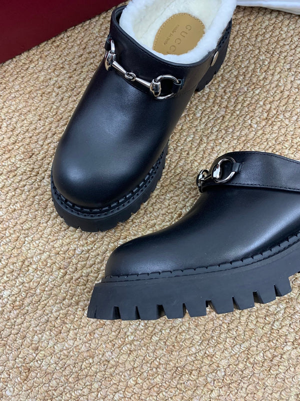 Gucci FW 25 Horsebit Suede Clog Black Leather with Shearling 506443