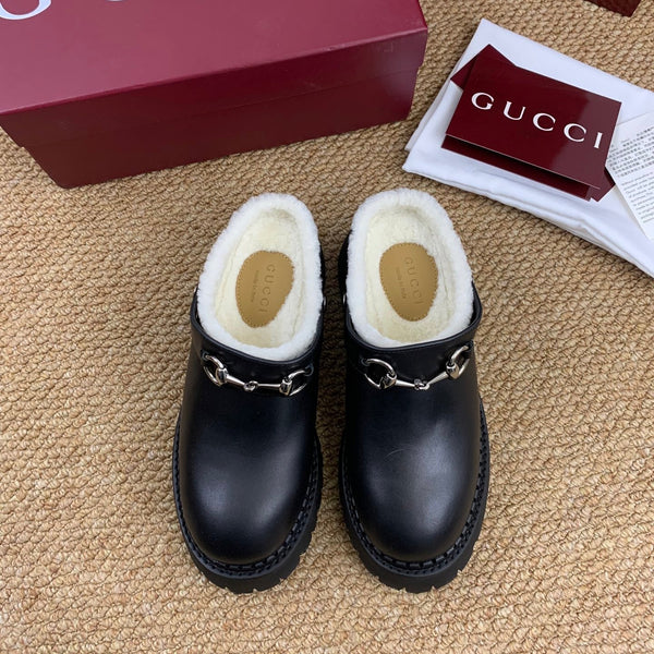 Gucci FW 25 Horsebit Suede Clog Black Leather with Shearling 506443
