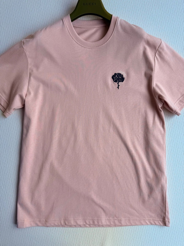 Gucci Embroidered Roses Short-sleeved T-shirt Pink Cotton