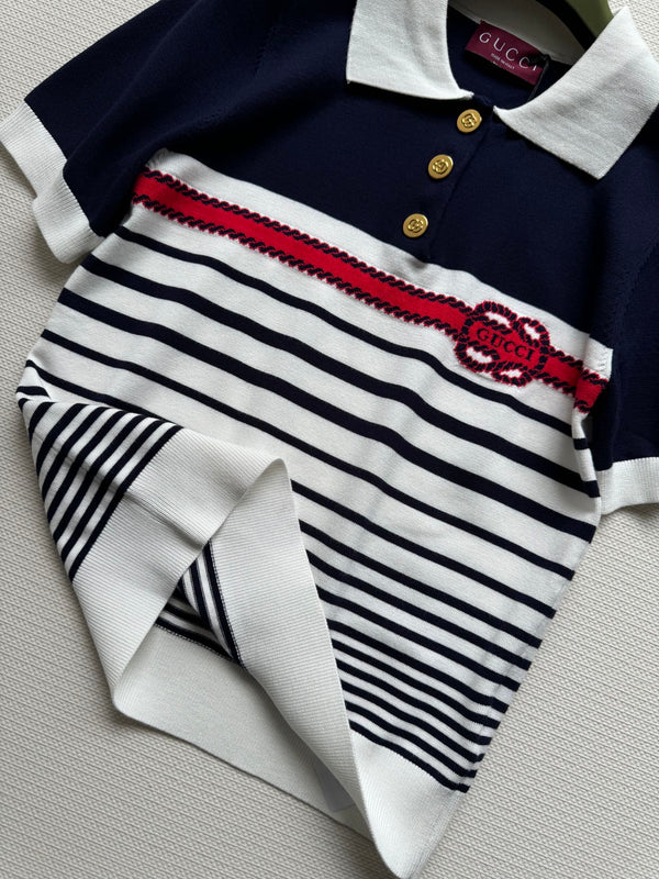 Polo a righe Gucci in maglia blu scuro e cotone bianco