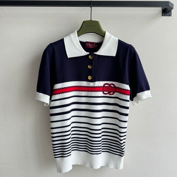 Polo a righe Gucci in maglia blu scuro e cotone bianco