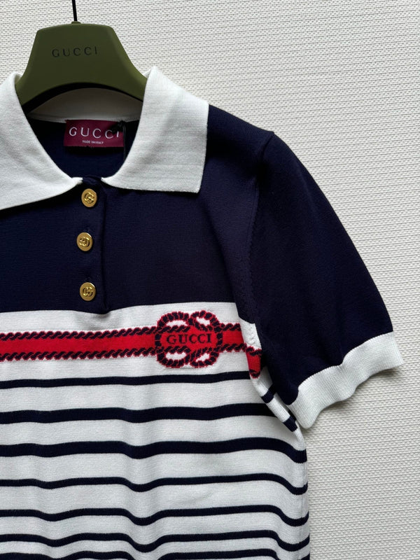 Polo a righe Gucci in maglia blu scuro e cotone bianco