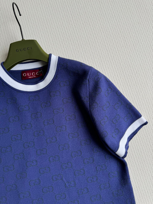 Gucci Knitted Short Sleeve T-shirt Navy Blue Cotton