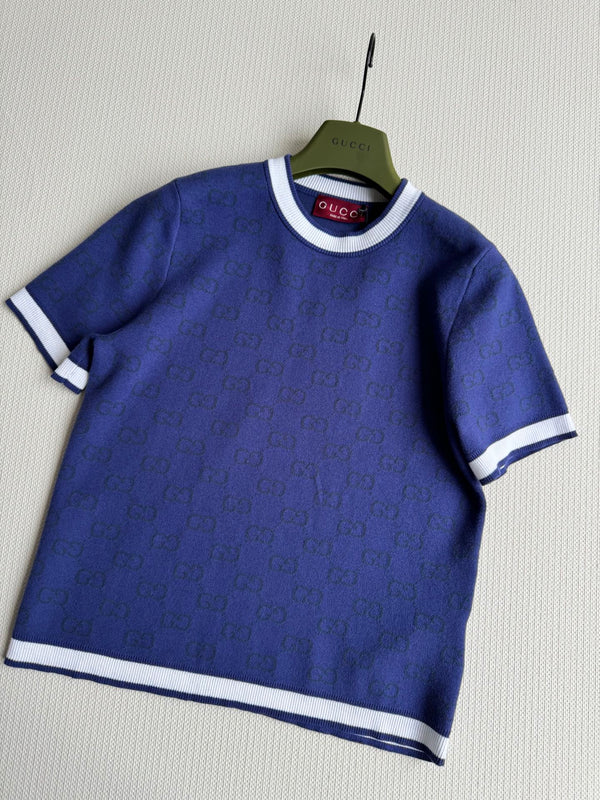 Gucci Knitted Short Sleeve T-shirt Navy Blue Cotton