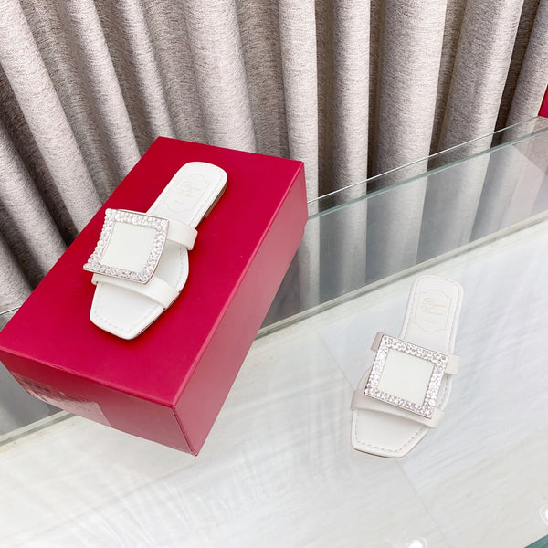 Viv 25 Diamond Flat Slippers White Cowhide 283036