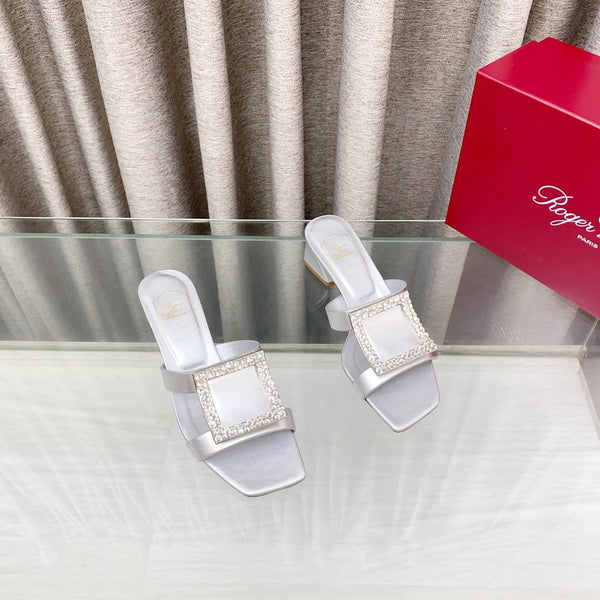 Viv 25 Diamond Mid Heel Slides Silver Cowhide 283037