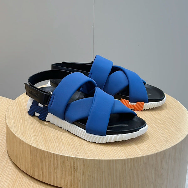 HM ELECTRIC SANDAL COBALT FABRIC AND CALFSKIN