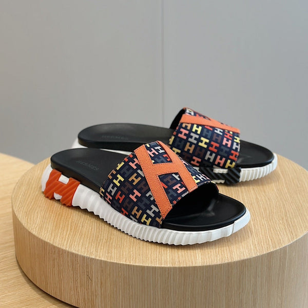 HM SLIPPERS BLACK AND NAVY MONOGRAM CANVAS