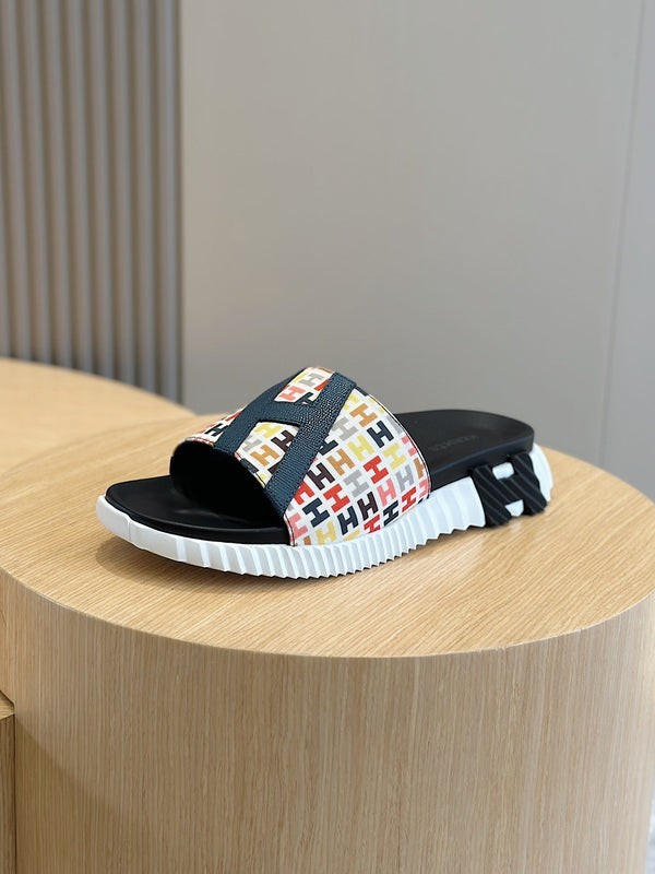 HM SLIPPERS BLACK AND WHITE MONOGRAM CANVAS