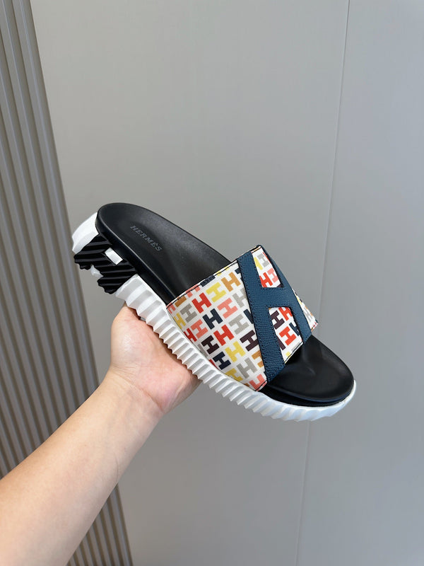 HM SLIPPERS BLACK AND WHITE MONOGRAM CANVAS