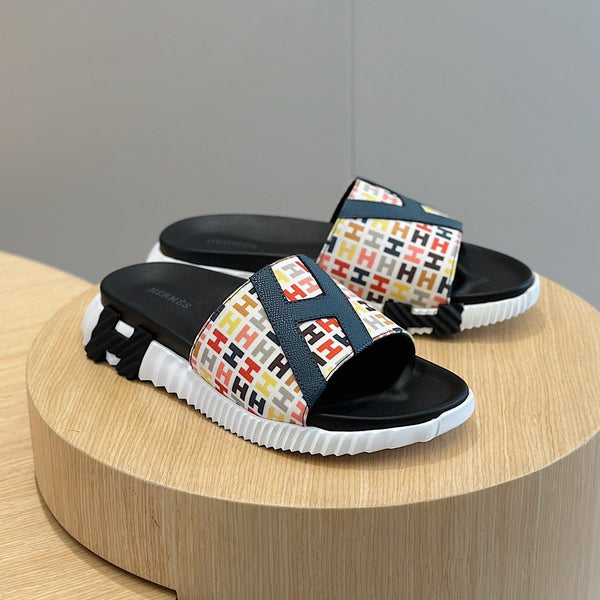 HM SLIPPERS BLACK AND WHITE MONOGRAM CANVAS