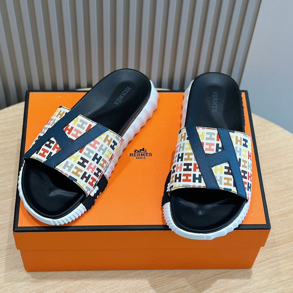 HM SLIPPERS BLACK AND WHITE MONOGRAM CANVAS