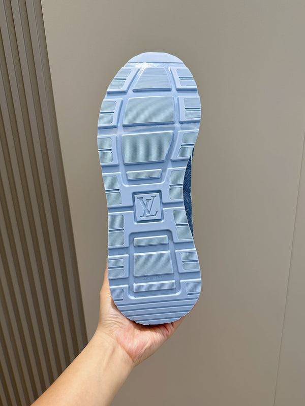 LV RUN AWAY SNEAKERS IN CERULEAN BLUE MESH FABRIC AND SUEDE