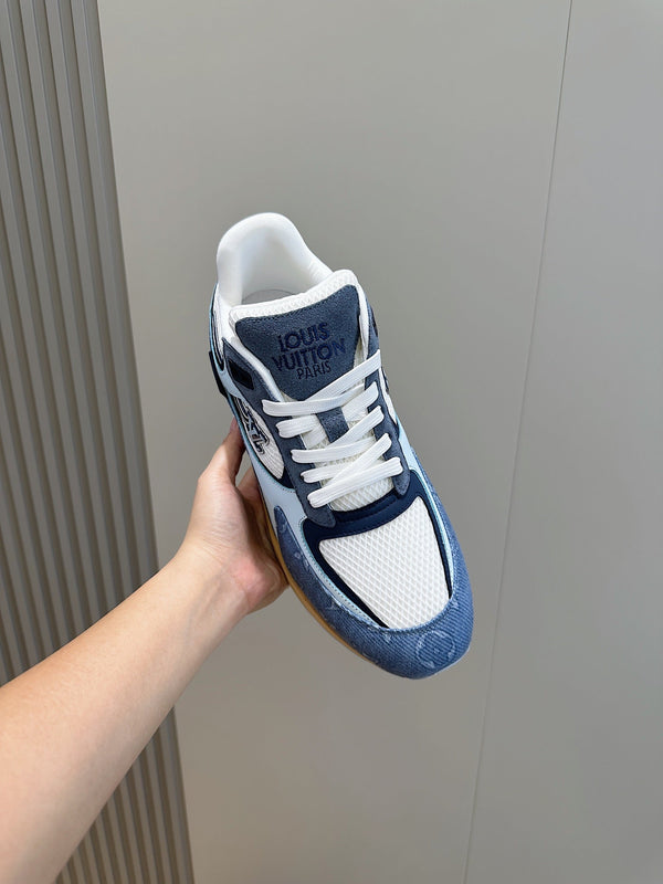LV RUN AWAY SNEAKERS IN CERULEAN BLUE MESH FABRIC AND SUEDE