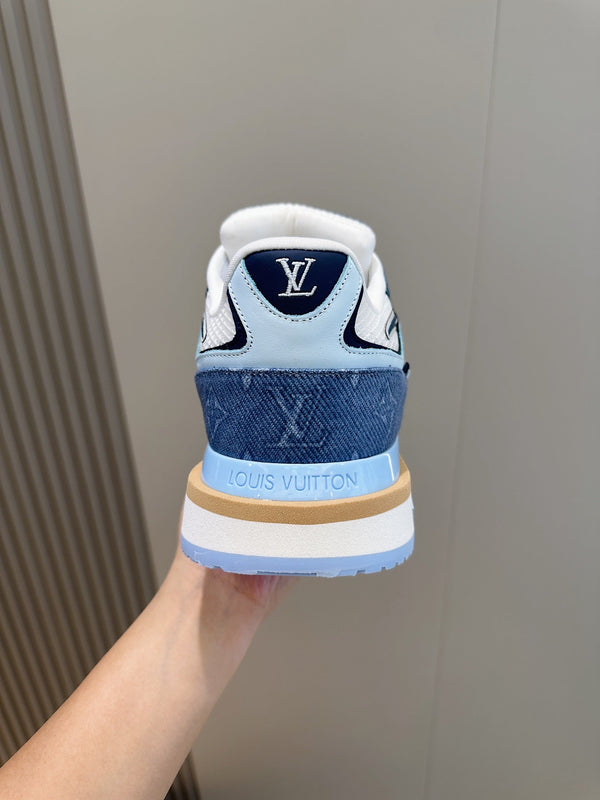 LV RUN AWAY SNEAKERS IN CERULEAN BLUE MESH FABRIC AND SUEDE