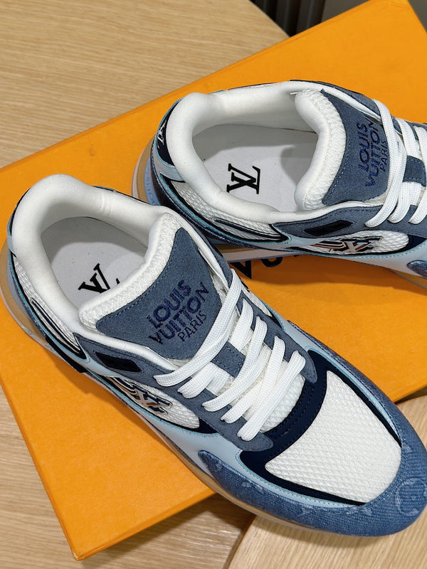 LV RUN AWAY SNEAKERS IN CERULEAN BLUE MESH FABRIC AND SUEDE