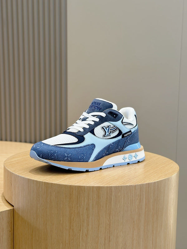 LV RUN AWAY SNEAKERS IN CERULEAN BLUE MESH FABRIC AND SUEDE