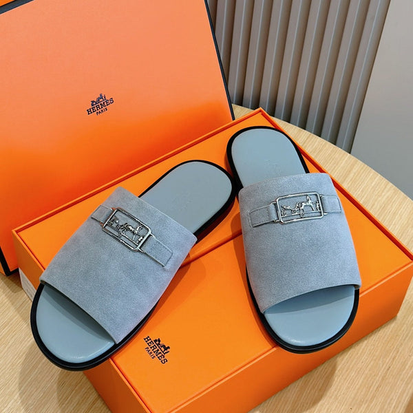 HM SILVER BUCKLE SLIPPERS CERULEAN SUEDE
