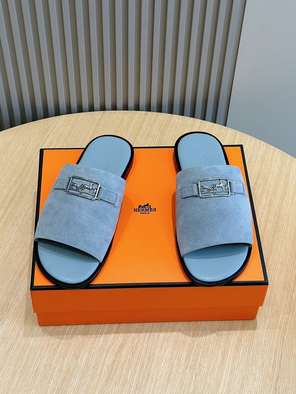 HM SILVER BUCKLE SLIPPERS CERULEAN SUEDE