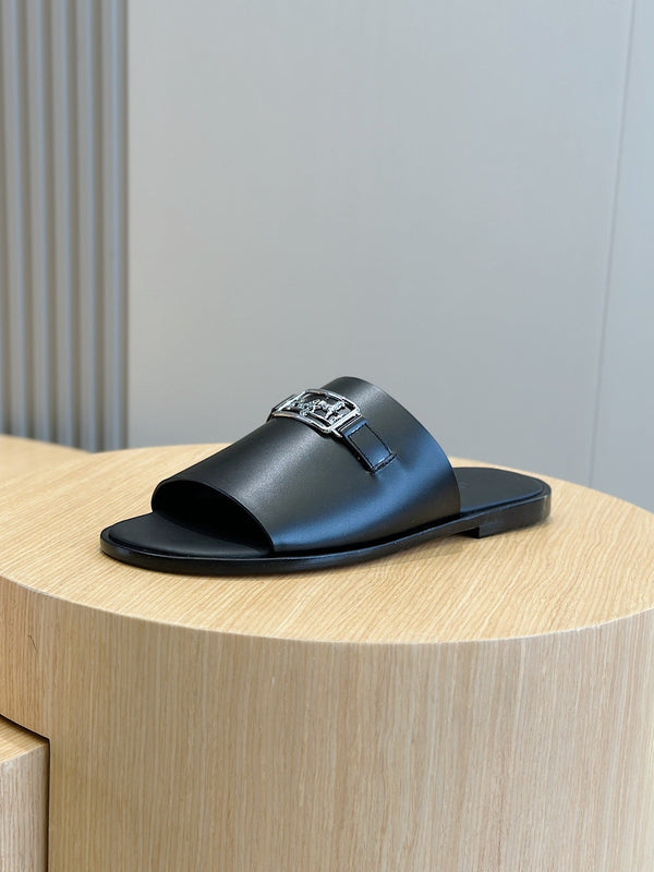 HM SILVER BUCKLE SLIPPERS BLACK CALFSKIN