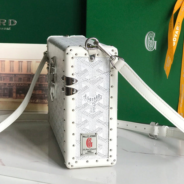 BORSA CASSETTE TRUNK 21 IN TELA GOYARDINE BIANCA E PELLE DI VACCA CLAMECY