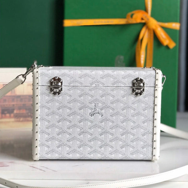 BORSA CASSETTE TRUNK 21 IN TELA GOYARDINE BIANCA E PELLE DI VACCA CLAMECY