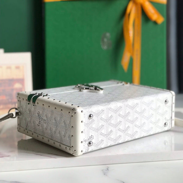 BORSA CASSETTE TRUNK 21 IN TELA GOYARDINE BIANCA E PELLE DI VACCA CLAMECY