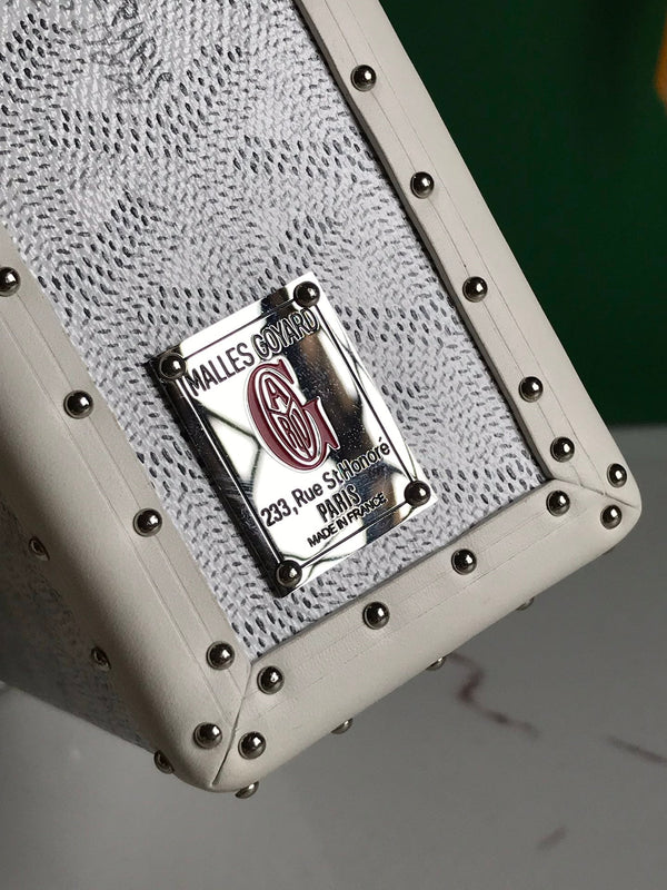 BORSA CASSETTE TRUNK 21 IN TELA GOYARDINE BIANCA E PELLE DI VACCA CLAMECY