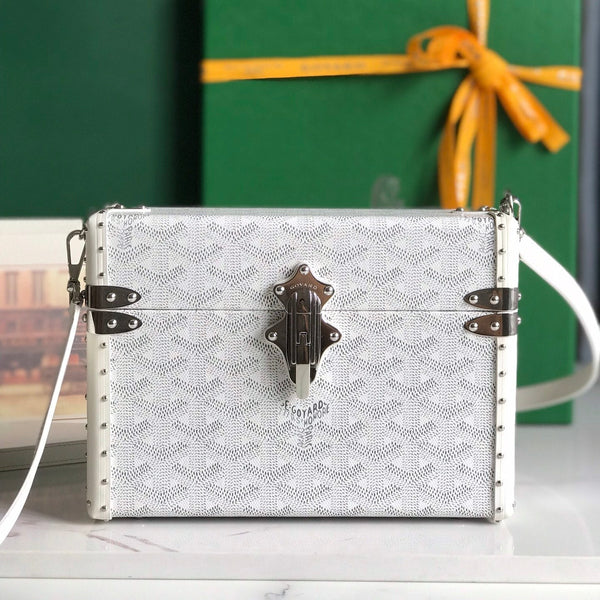 BORSA CASSETTE TRUNK 21 IN TELA GOYARDINE BIANCA E PELLE DI VACCA CLAMECY