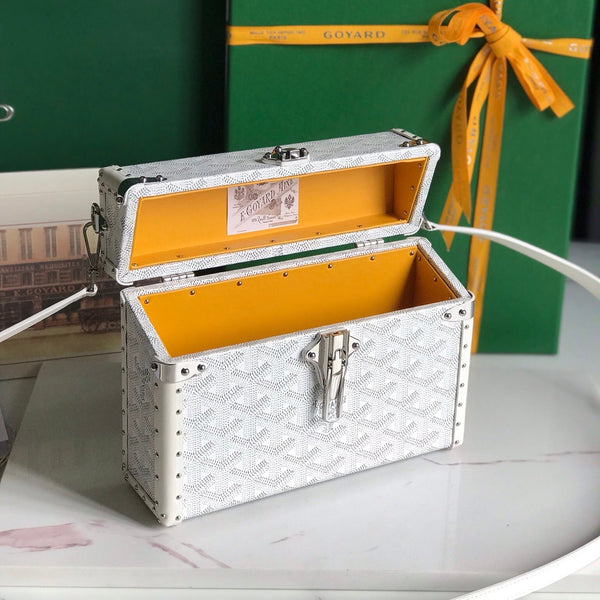 BORSA CASSETTE TRUNK 21 IN TELA GOYARDINE BIANCA E PELLE DI VACCA CLAMECY