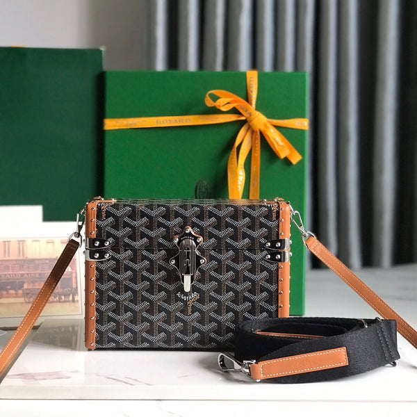 CASSETTE TRUNK BAG 21 IN TAN BROWN GOYARDINE CANVAS & CLAMECY COWHIDE