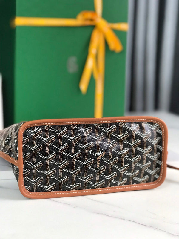 ANJOU MINI BAG 20 IN TAN CALFSKIN AND BLACK GOYARDINE CANVAS