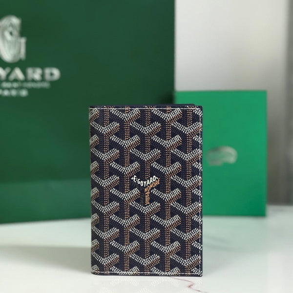Goyard Grenelle Passport Cover 10cm Navy Blue Canvas & Cafskin