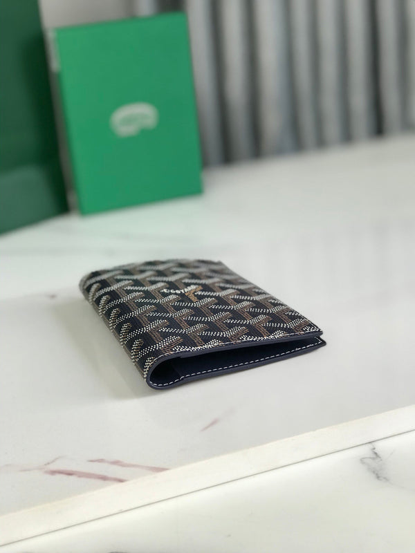Goyard Grenelle Passport Cover 10cm Navy Blue Canvas & Cafskin
