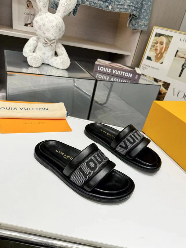 lv bliss flat mule grey canvas black calfskin