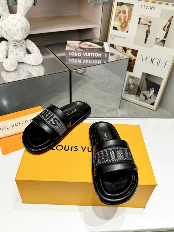 lv bliss flat mule grey canvas black calfskin