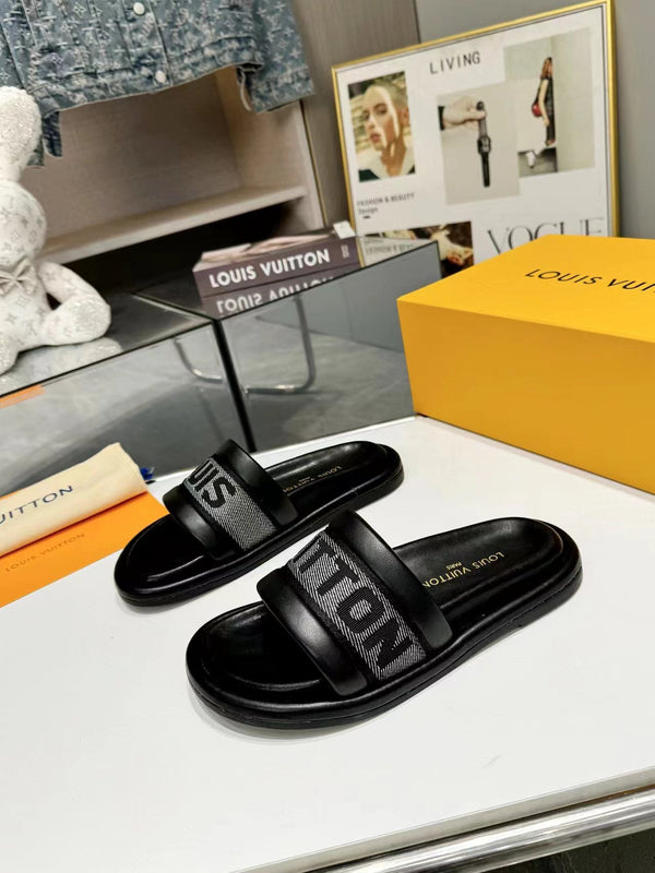 lv bliss flat mule grey canvas black calfskin