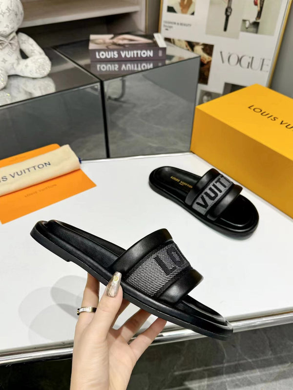 lv bliss flat mule grey canvas black calfskin