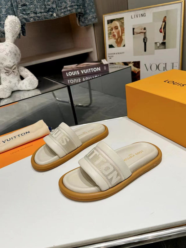 lv bliss flat mule cream canvas calfskin