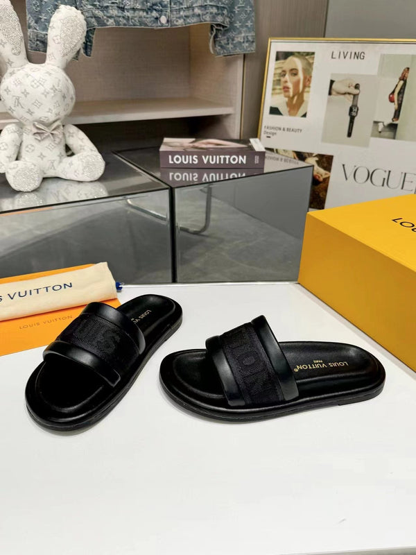LV Bliss Flat Mule in tela nera e pelle di vitello