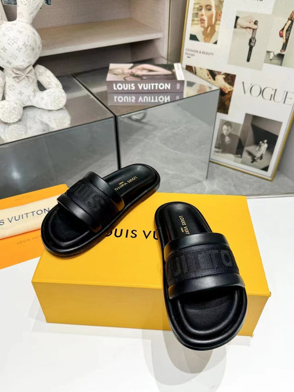 LV Bliss Flat Mule in tela nera e pelle di vitello