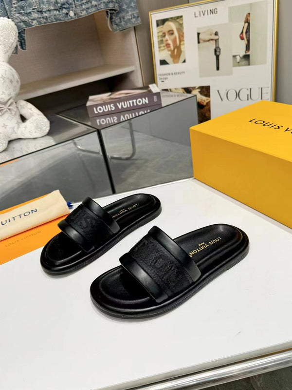 LV Bliss Flat Mule in tela nera e pelle di vitello