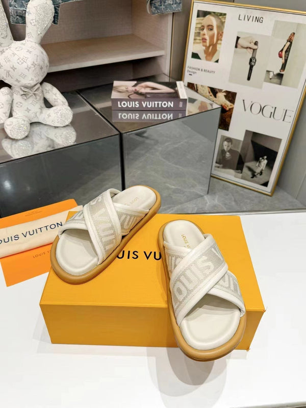 sandalo mulo lv bliss corss crema tessuto pelle di vitello