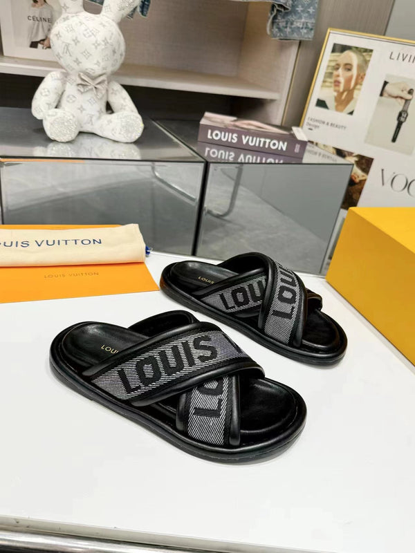 lv bliss cross sandal mule black textile calfskin