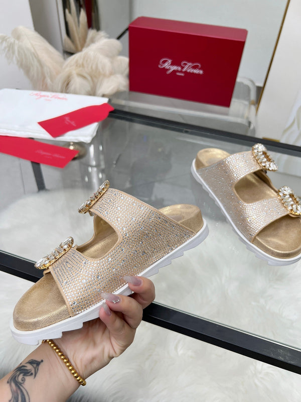 Viv 25 Slidy Diamond Slippers Gold PVC Silk Cowhide 259286