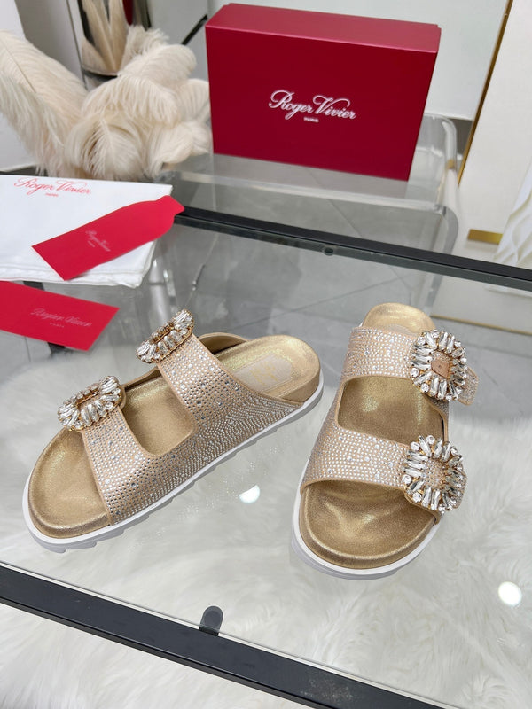 Viv 25 Slidy Diamond Slippers Gold PVC Silk Cowhide 259286