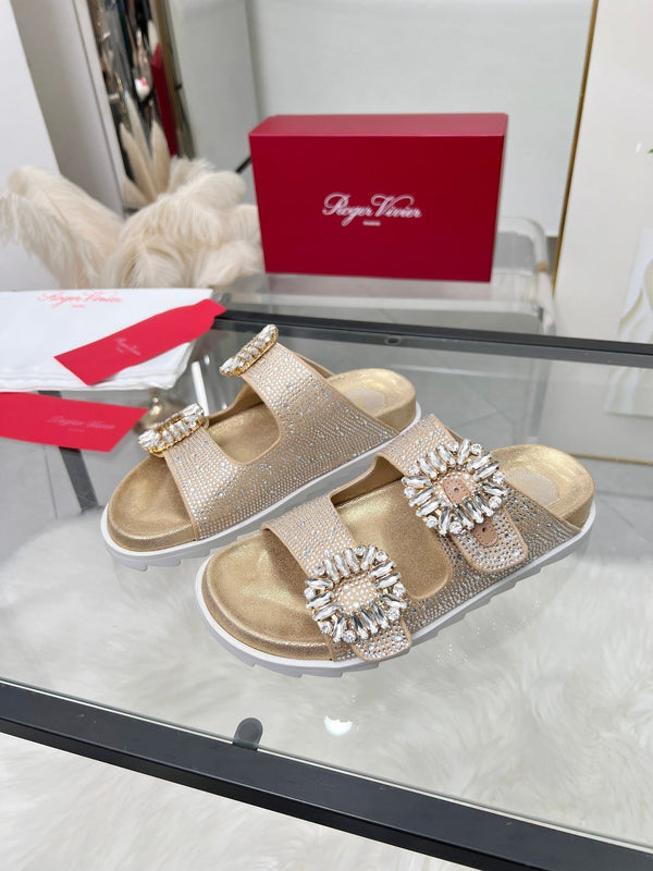 Viv 25 Slidy Diamond Slippers Gold PVC Silk Cowhide 259286