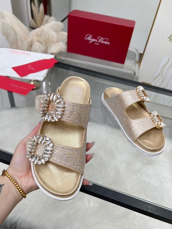 Viv 25 Slidy Diamond Slippers Gold PVC Silk Cowhide 259286