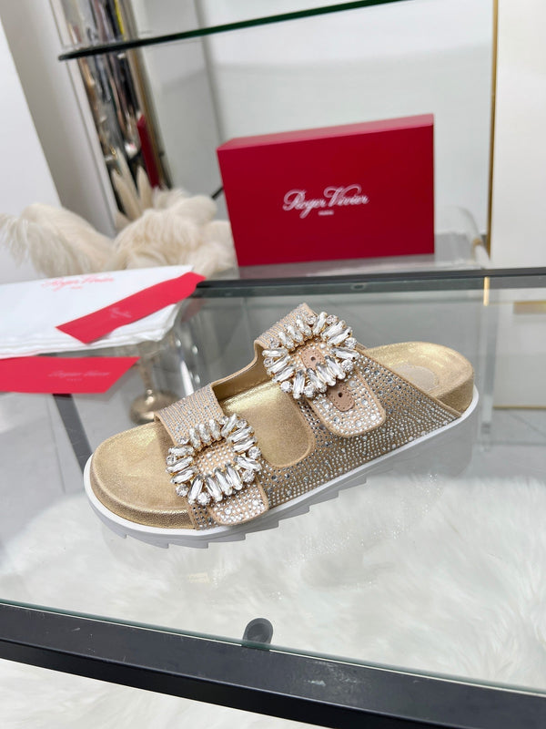 Viv 25 Slidy Diamond Slippers Gold PVC Silk Cowhide 259286