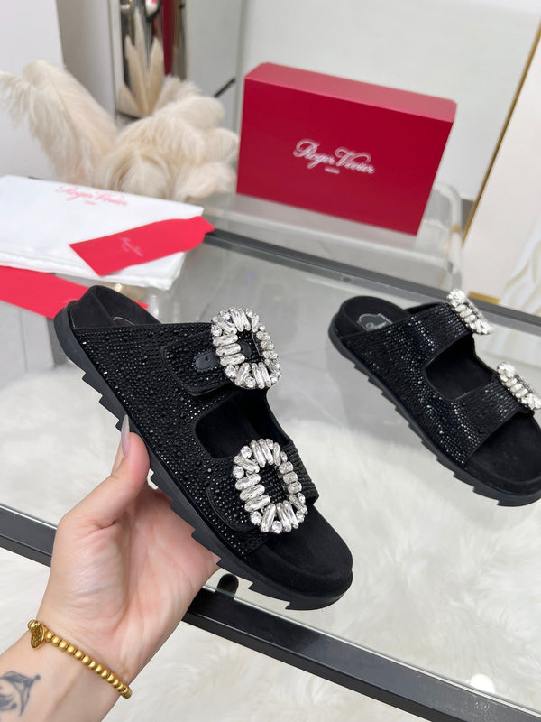 Viv 25 Slidy Diamond Slippers Black PVC Silk Cowhide 259287